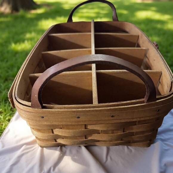 Longaberger Divided Organizer Basket w/ WoodCrafts 6-Section Insert, Leather Han - Picture 2 of 10